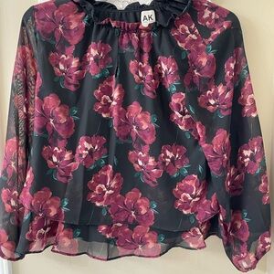 Anne Klein Black Chiffon Blouse with Berry Floral Print